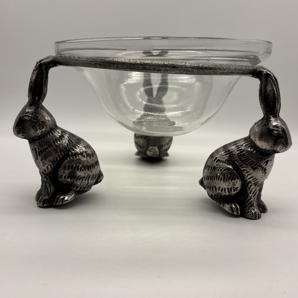 Glass serving bowl with three bunny stand. Easter Candy Dish Home Decor Read